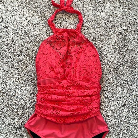 Venus Bright Coral One Piece Halter Ruched Swim Suit Size 6 - Picture 2 of 6